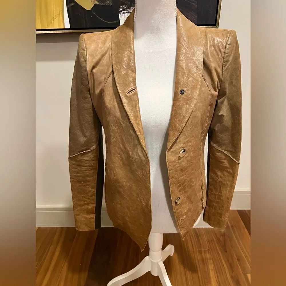 Helmut Lang tan distressed vintage leather blazer size small